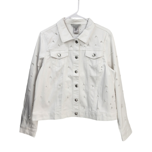 Multiples Women's White Pearl Studded Jean Jacket - M - Picture 1 of 5